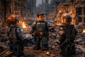 Brick-built armored figures stand face-to-face in a ruined city after a battle, smoke rising behind them as they confront the cost of survival.