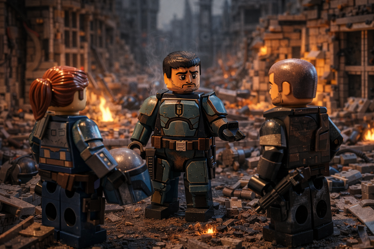 Brick-built armored figures stand face-to-face in a ruined city after a battle, smoke rising behind them as they confront the cost of survival.
