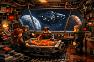 Brick-built pirate starship interior as a tense crew gathers around a glowing navigation table, watching an enemy vessel approach between two distant planets through the forward viewport.