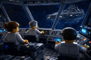 Brick-built command deck of a diplomatic starship as officers watch a massive enemy vessel emerge in deep space through the forward viewport.