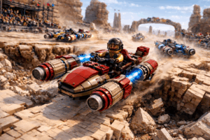 Brick-built desert racing pods tear across a collapsing salt flat as a lead pilot races toward a stone arch, engines roaring and dust exploding behind.