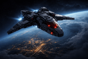 Brick-built stealth spacecraft hovers silently above a glowing city at night, barely visible against the darkness of space.