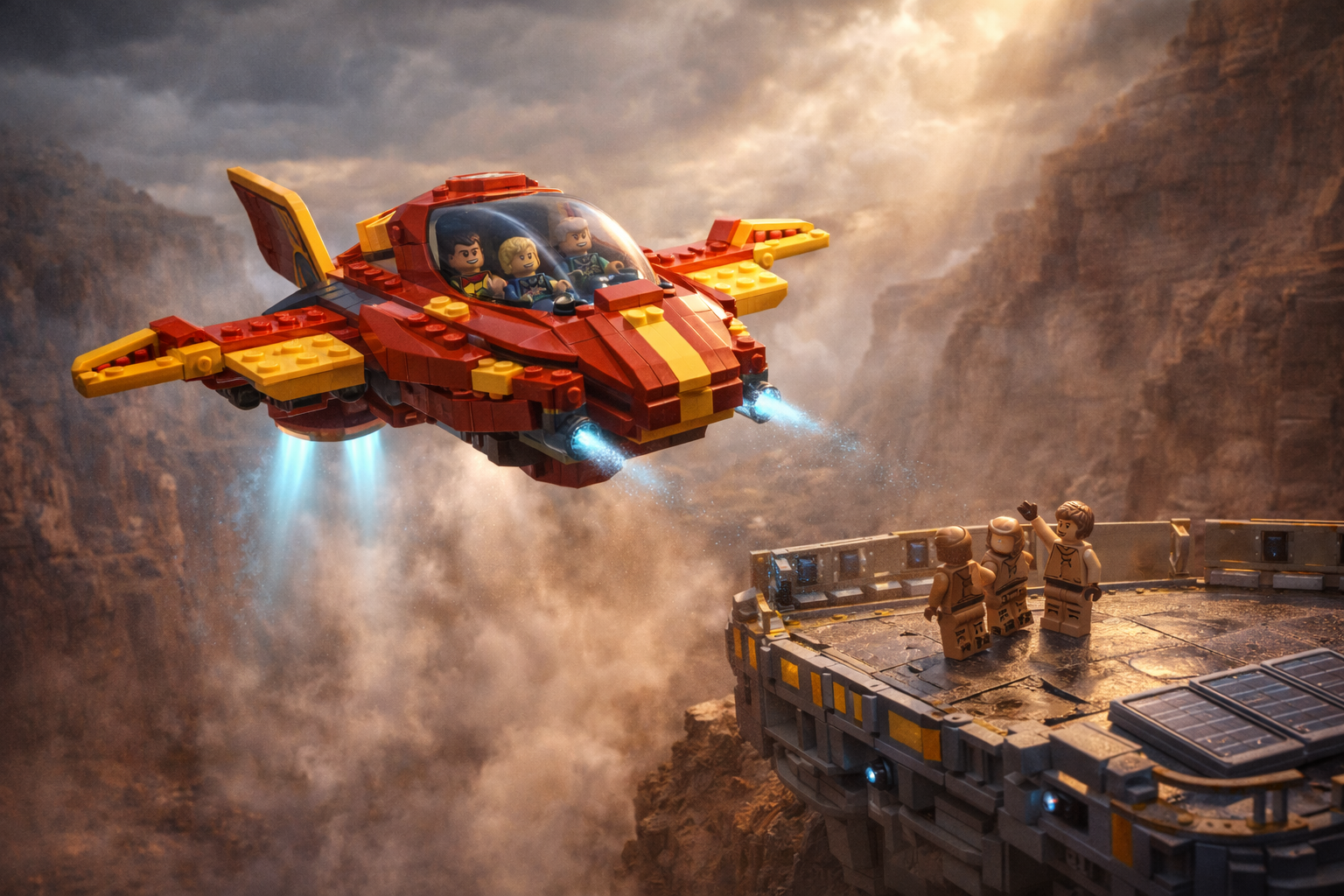 Brick-built rescue ship lifts off from a canyon outpost as young minifigure pilots help stranded researchers escape an incoming storm.