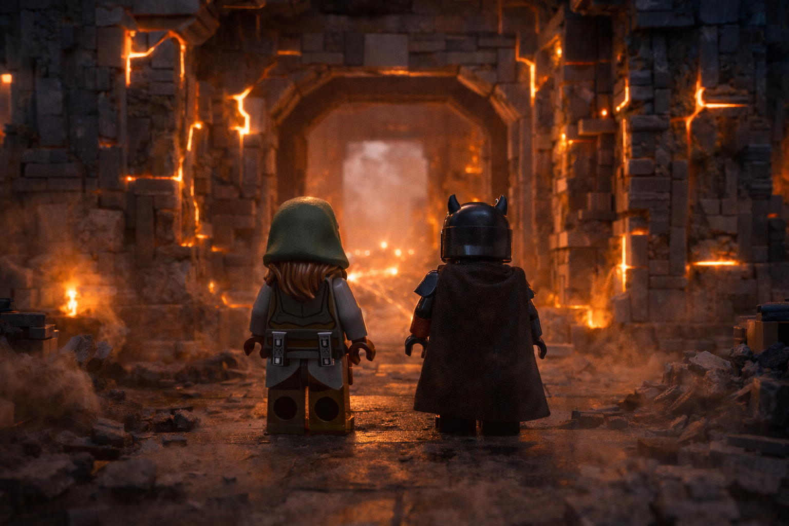 Brick-built minifigure duo stand at the entrance of a forgotten stone temple as glowing energy seams awaken through ancient ruins.