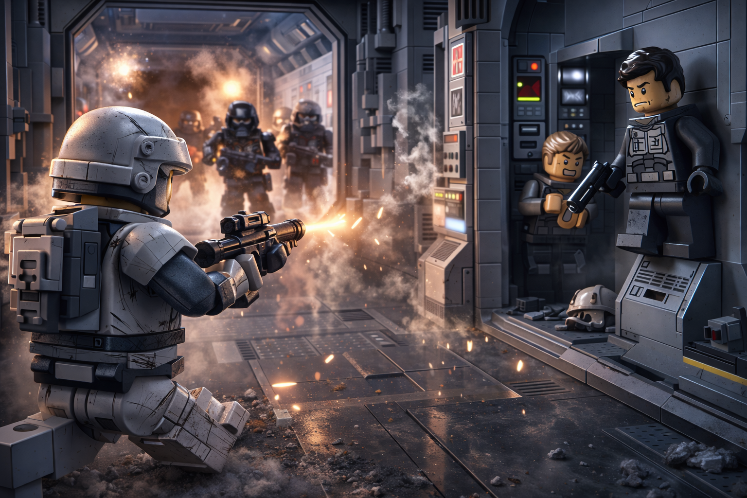 Brick-built corridor inside a military cargo ship where a minifigure soldier defends against a boarding force near a breached doorway.