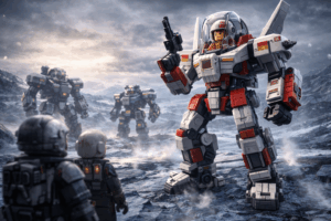 Brick-built mech piloted by a rookie minifigure stands on cracked ice and volcanic rock as veteran mechs watch from the outpost behind.