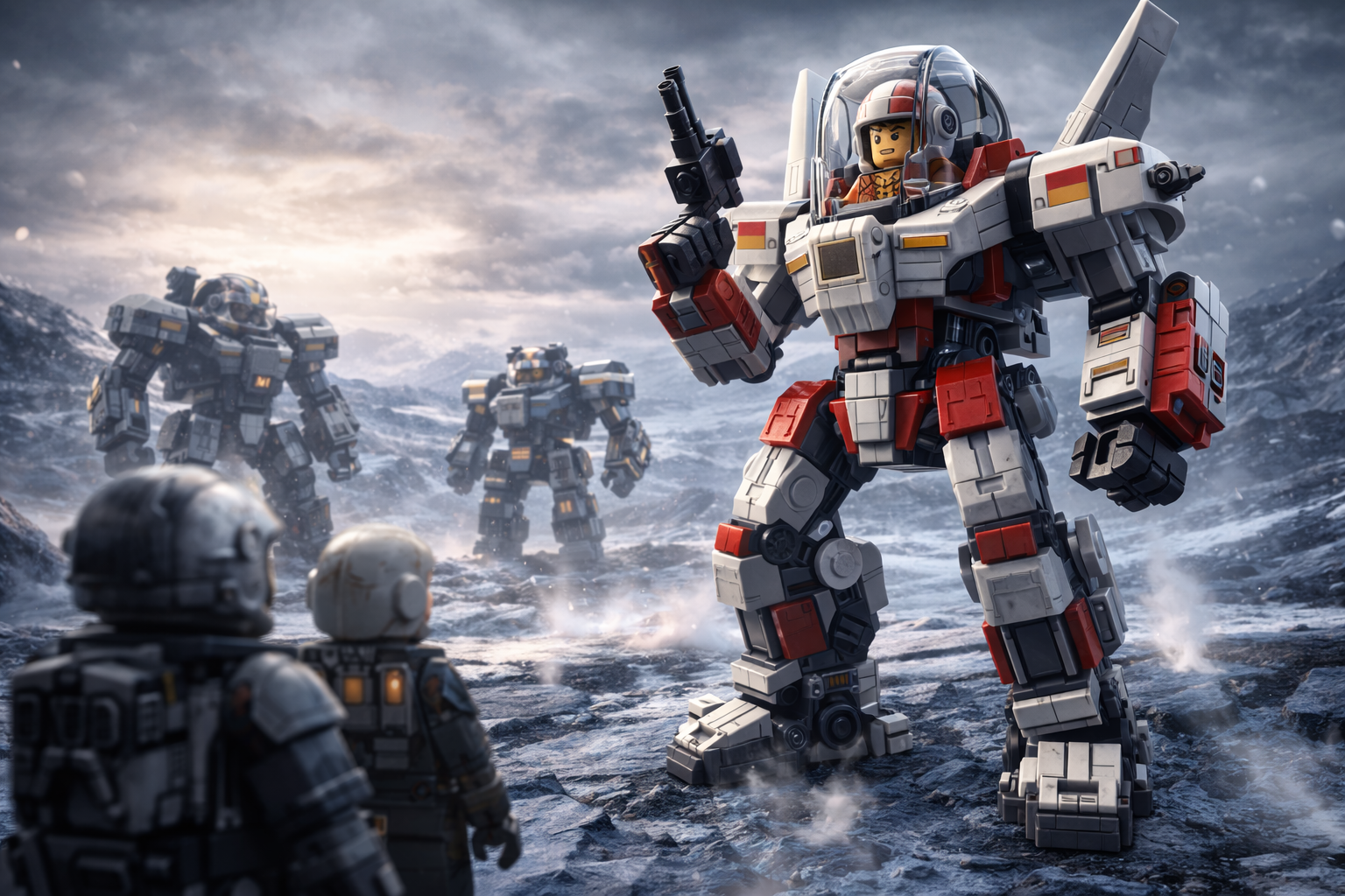 Brick-built mech piloted by a rookie minifigure stands on cracked ice and volcanic rock as veteran mechs watch from the outpost behind.