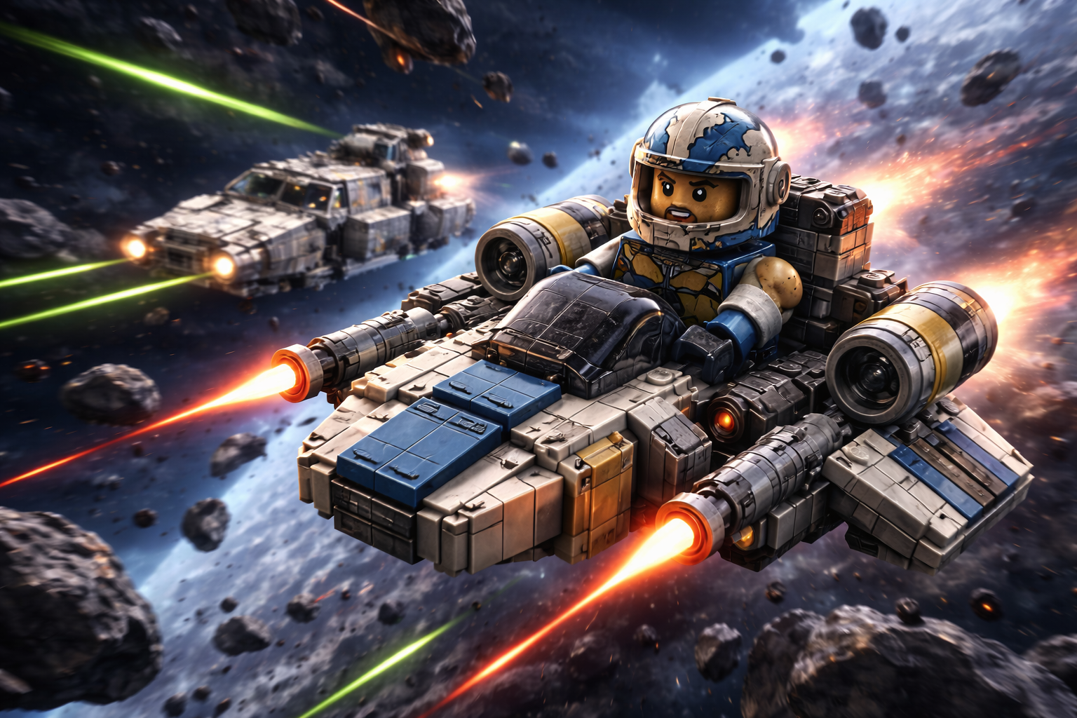 Brick-built microfighter escorts a slower courier ship through hostile skies as distant enemy craft close in.