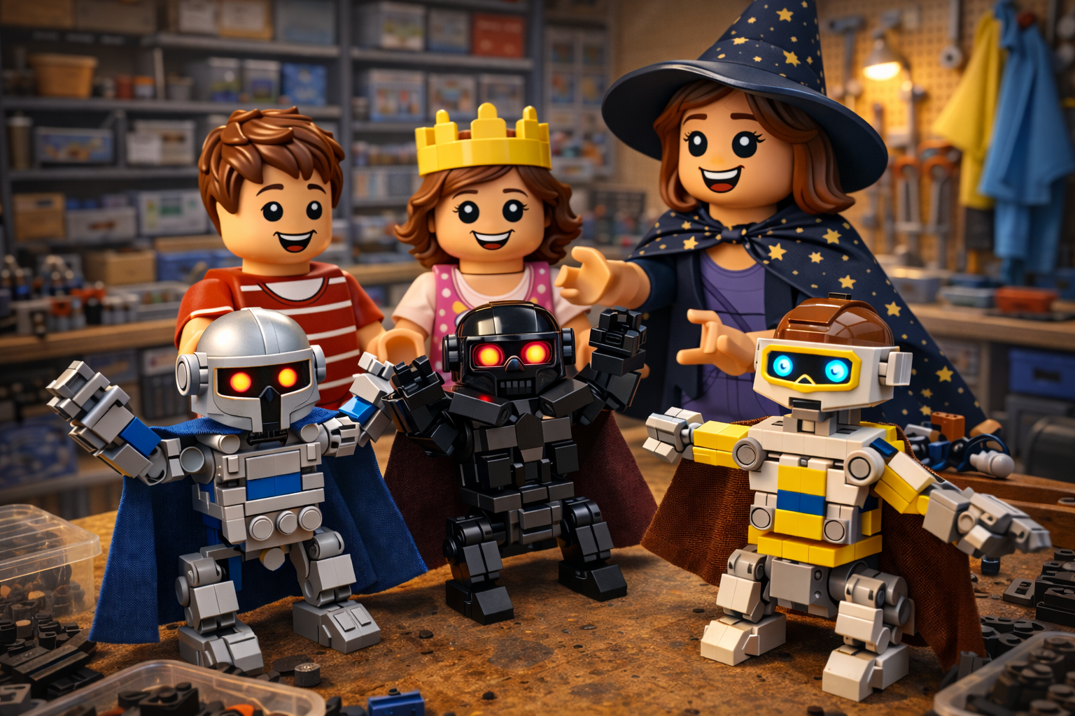 Brick-built workshop scene with two minifigure children and a minifigure babysitter playing dress-up with customizable droids.