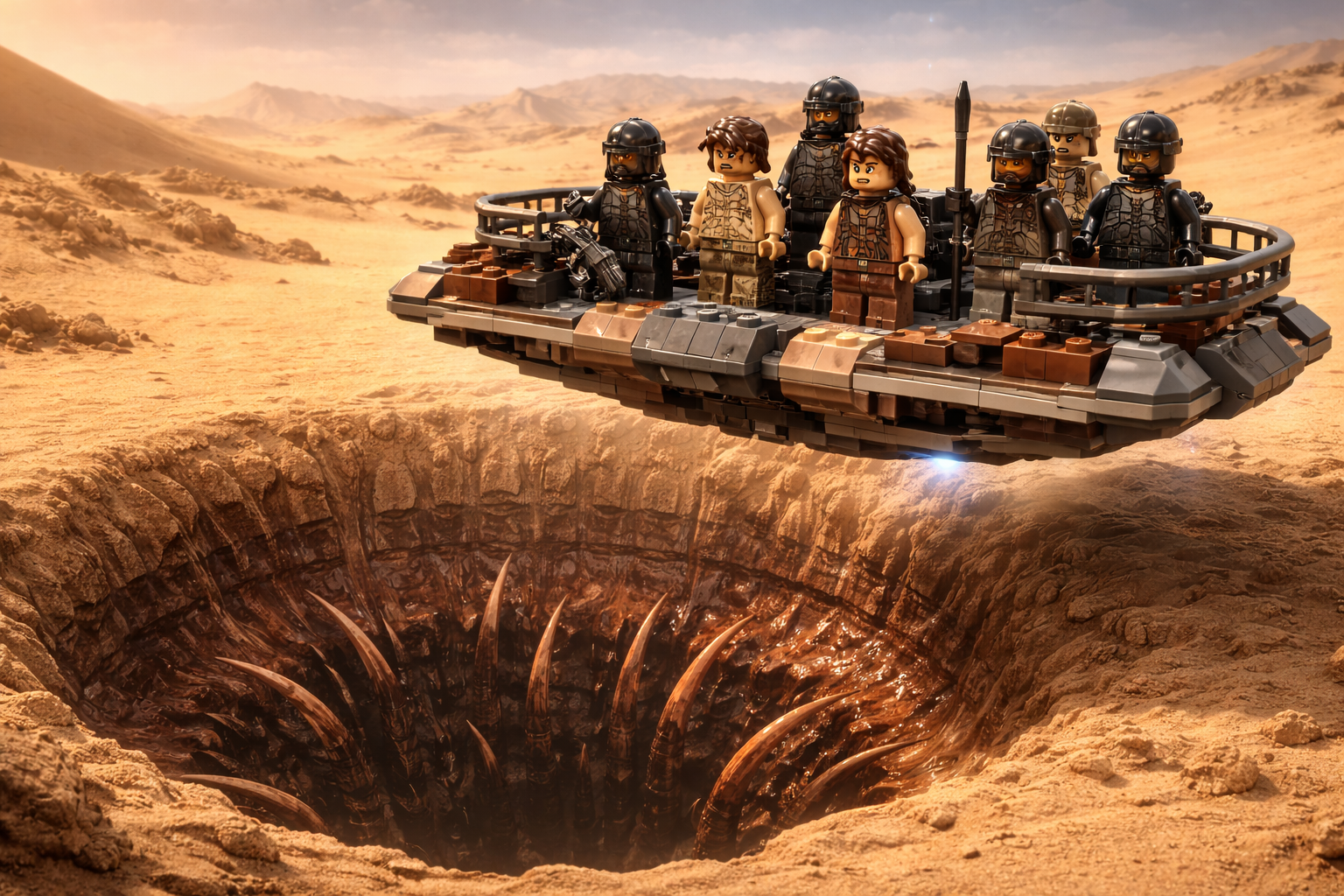 Brick-built desert skiff hovers above a massive ominous pit as captives and guards stand tensely on the deck.