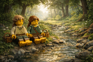 Two minifigure girls sit beside a forest stream in a brick-built clearing, unaware of what they are about to discover.