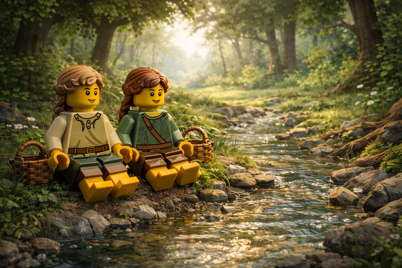 Two minifigure girls sit beside a forest stream in a brick-built clearing, unaware of what they are about to discover.