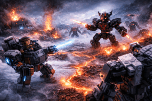 Brick-built enemy mech attacks a frozen volcanic outpost as a single minifigure pilot controls a defending mech amid steam and ice fissures.
