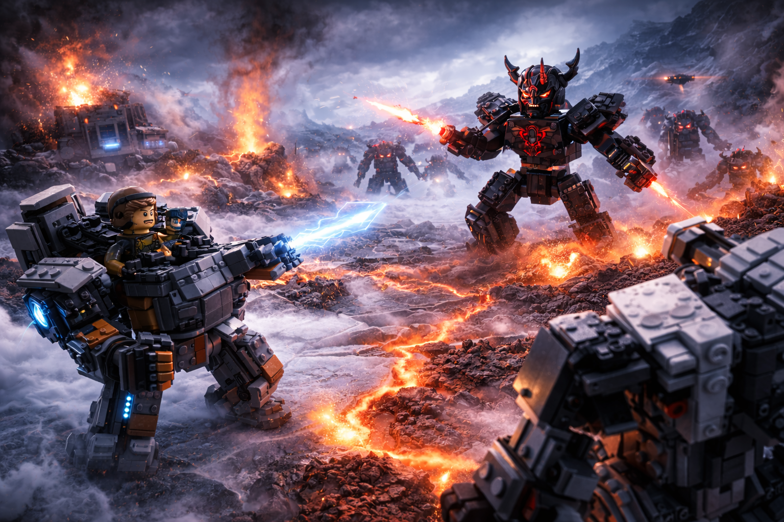 Brick-built enemy mech attacks a frozen volcanic outpost as a single minifigure pilot controls a defending mech amid steam and ice fissures.