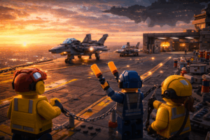 Brick-built flight deck crew guides jets at sunset on a massive airborne carrier as the city glows below.