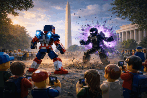 Brick-built hero and villain clash near the Washington Monument as a crowd of minifigures watches from the National Mall.