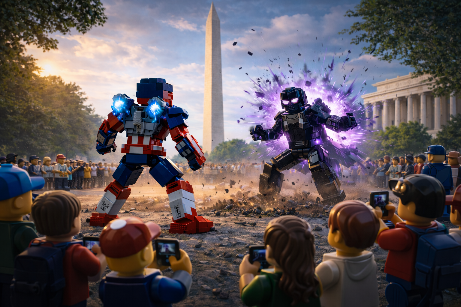 Brick-built hero and villain clash near the Washington Monument as a crowd of minifigures watches from the National Mall.