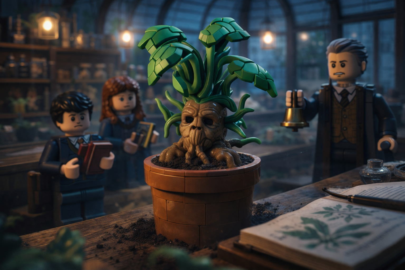 Brick-built humanoid plant in a pot observed by a professor and students in a dim botanical classroom.