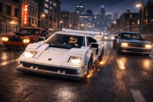 White brick-built Lamborghini Countach races through downtown streets at night alongside muscle cars, driven by a minifigure.