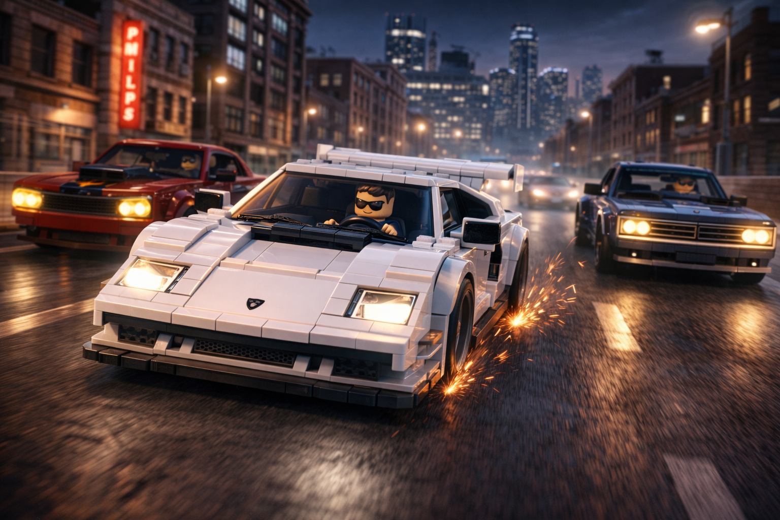 White brick-built Lamborghini Countach races through downtown streets at night alongside muscle cars, driven by a minifigure.