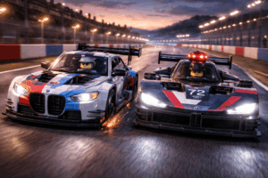 Two brick-built BMW race cars driven by minifigures race side by side on a circuit at dusk under track lights.