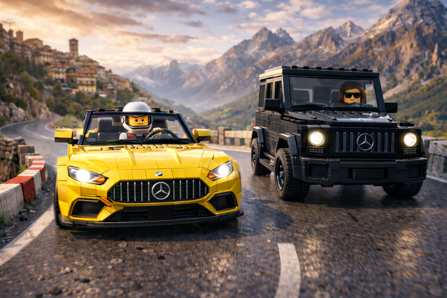 Yellow brick-built convertible race car and black brick-built SUV driven by minifigures on an Italian mountain road.