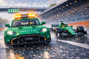 Brick-built safety car with flashing lights leads a Formula-style race car on a wet track, driven by minifigures during a rainy racing scene.