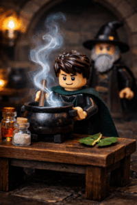 Minifigure student stirring a cauldron as pale smoke rises in a stone-walled potion classroom, with a professor watching in the background