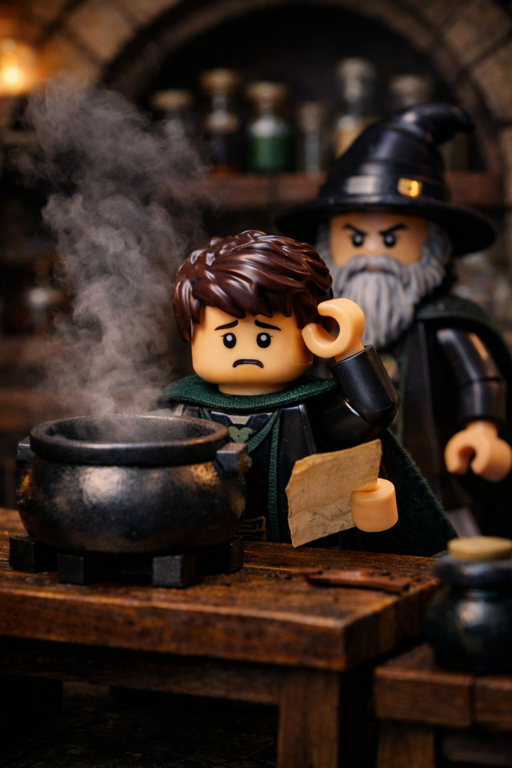 Minifigure student holding a parchment beside a smoking cauldron in a stone potion classroom, with a professor standing behind