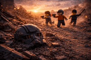 Brick-built black and gray helmet half-buried in rubble as minifigure children play nearby in a ruined field.