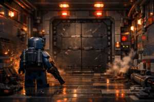 Brick-built armored minifigure stands alone in a smoke-filled corridor before a massive sealed blast door inside a sci-fi facility.