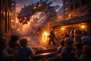 Brick-built segmented creature looms over a city street as a minifigure hero shields a crowd taking cover at a subway entrance.