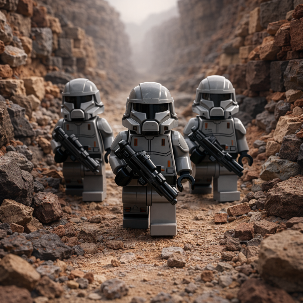 Three brick-built armored soldiers walk through a narrow rocky ravine on an alien world, moments before an unseen ambush.