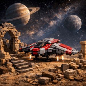 A small red and gray brick-built starship descends onto an alien world beside ancient stone ruins, with distant planets visible in the star-filled sky.