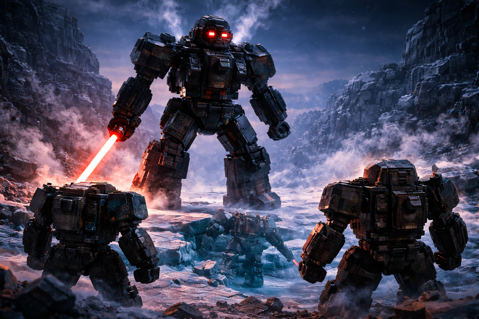 A towering brick-built mech confronts two smaller, battle-worn mechs on a frozen battlefield, steam rising as the ground fractures beneath overwhelming force.